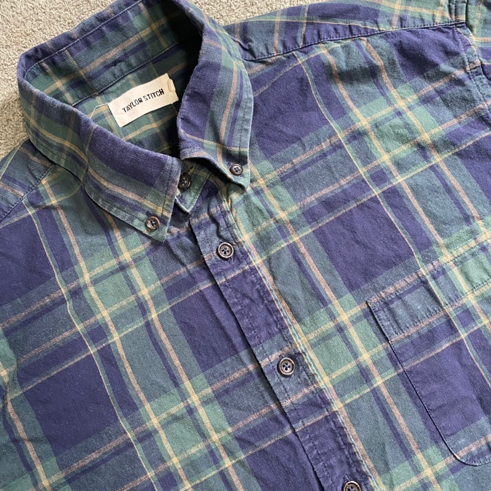 Taylor Stitch Plaid Short Sleeve Button Down Shirt Men 42 US L Blue Green Cotton
